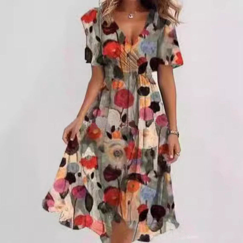 Damesjurk met bloemenprint, V-hals en A-lijn model