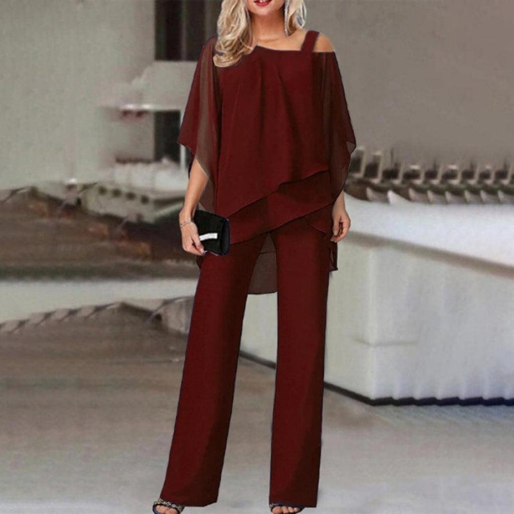 Elegante Tweedelige Damespakset Met Top Met Vleermuismouwen en Rechte Broek
