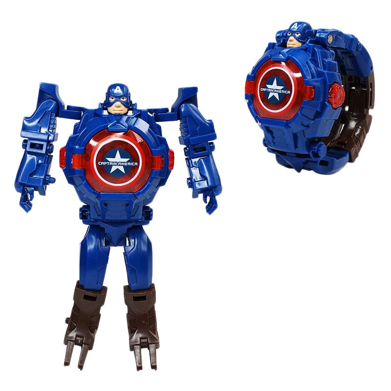 Marvel iron Man Spiderman Cartoons Children's watch Deformation robot 3d LED Luminous watch Children's model toy watch