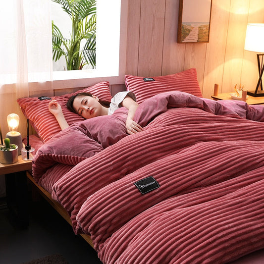 3/4 Pcs AB Sided Thicken Corduroy Velvet Winter Bedding Set Full Queen King Size Duvet Cover