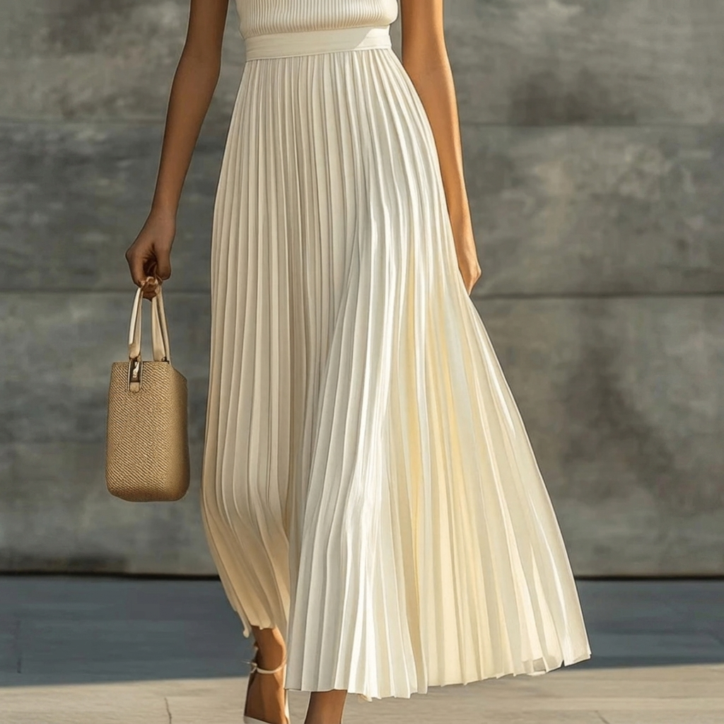 Dames Stijlvol Crème Plissé Maxi Kleed