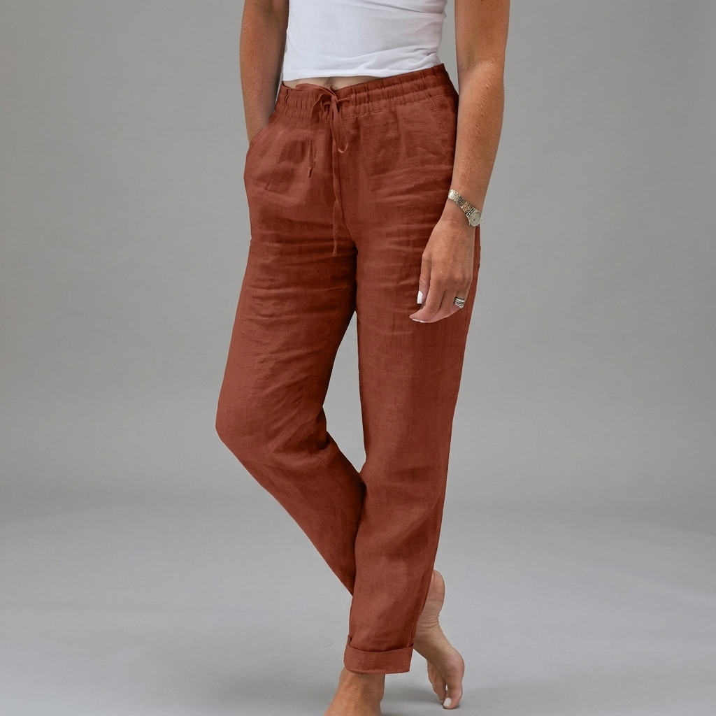 Dames Katoen Linnen Broek met Hoge Taille en Elastische Tailleband