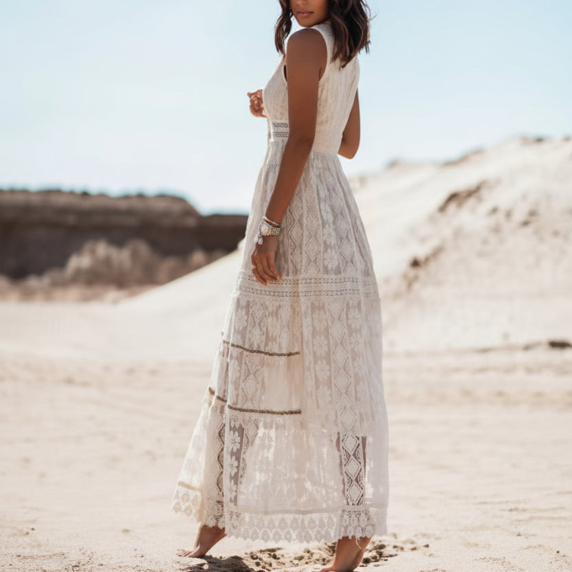 Boho maxi-jurk met V-hals en zonder mouwen van kant