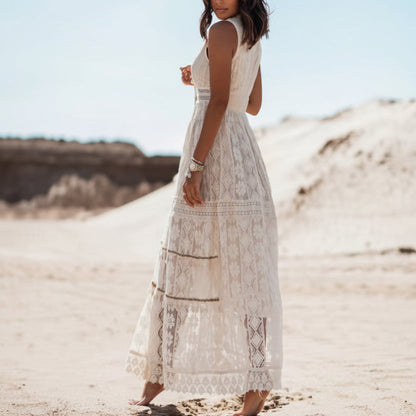 Boho maxi-jurk met V-hals en zonder mouwen van kant