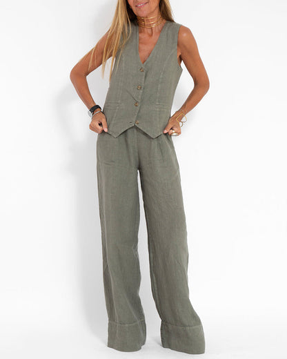 Linnen 2-Delige Set met Wijde Broek en Vest – Alma