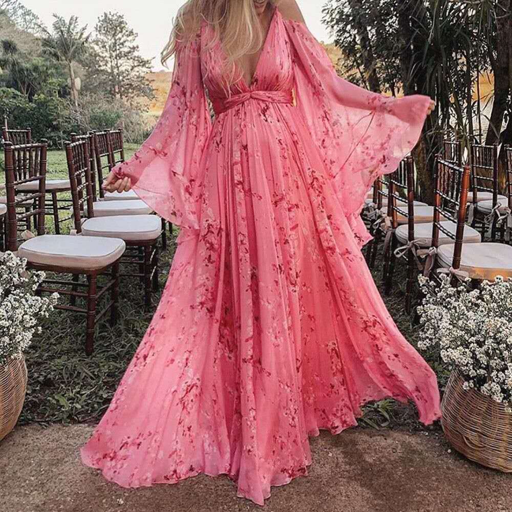 Zwierige Roze Chiffonjurk met Uitlopende Mouwen - Isabelle