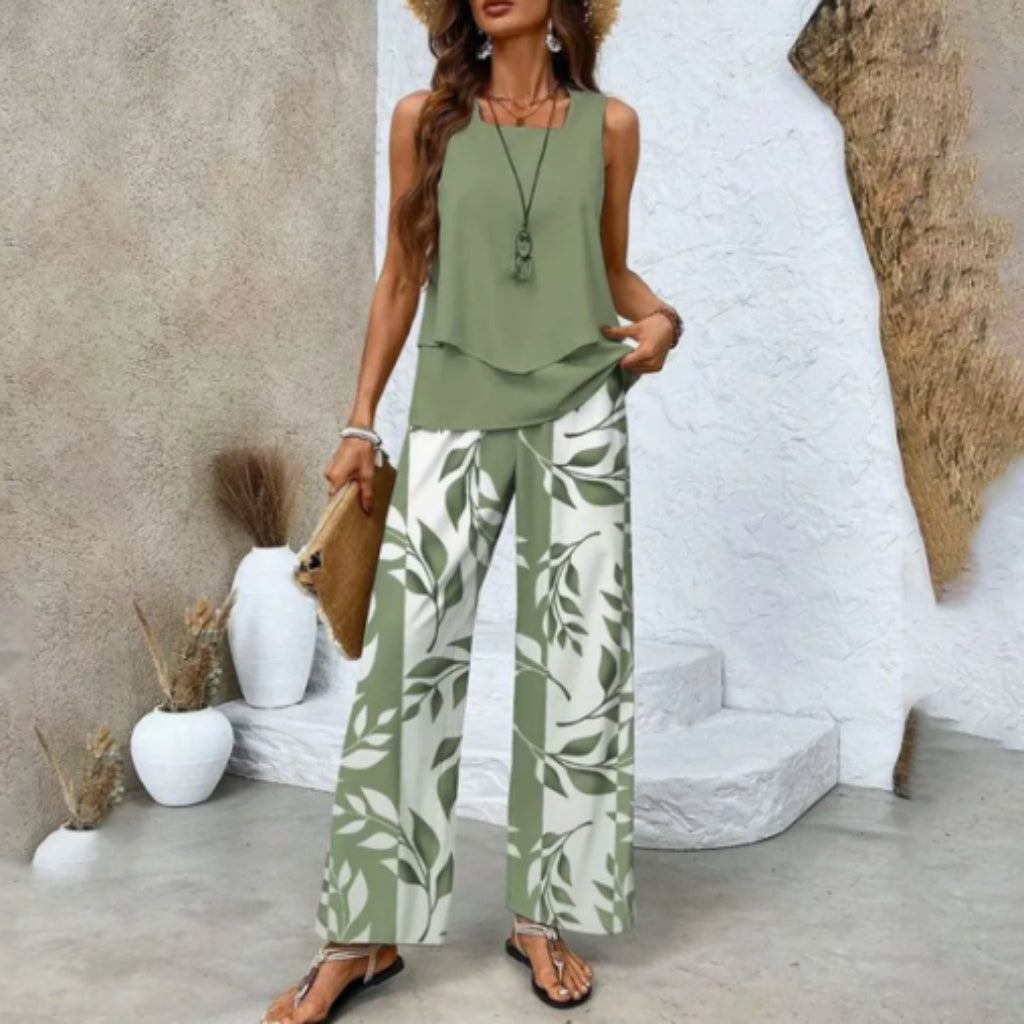 Dames Print Pak Set - Mouwloos Dubbel Laags Vest & Losse Rechte Broek