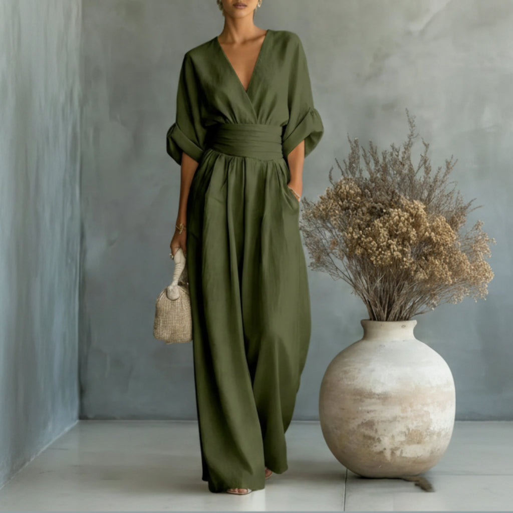Zomerse jumpsuit met korte mouwen, casual, V-hals en wijde pijpen