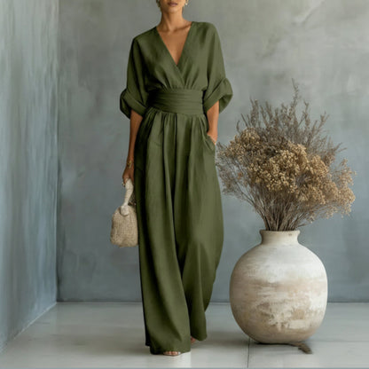 Zomerse jumpsuit met korte mouwen, casual, V-hals en wijde pijpen