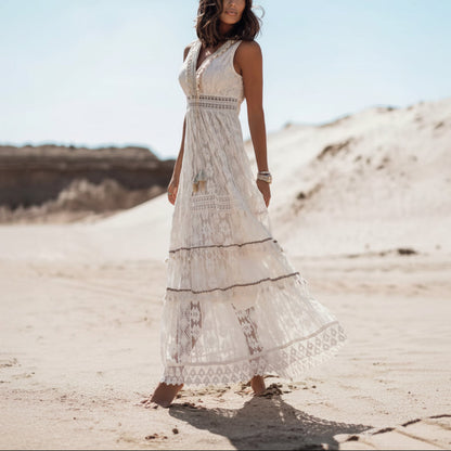 Boho maxi-jurk met V-hals en zonder mouwen van kant