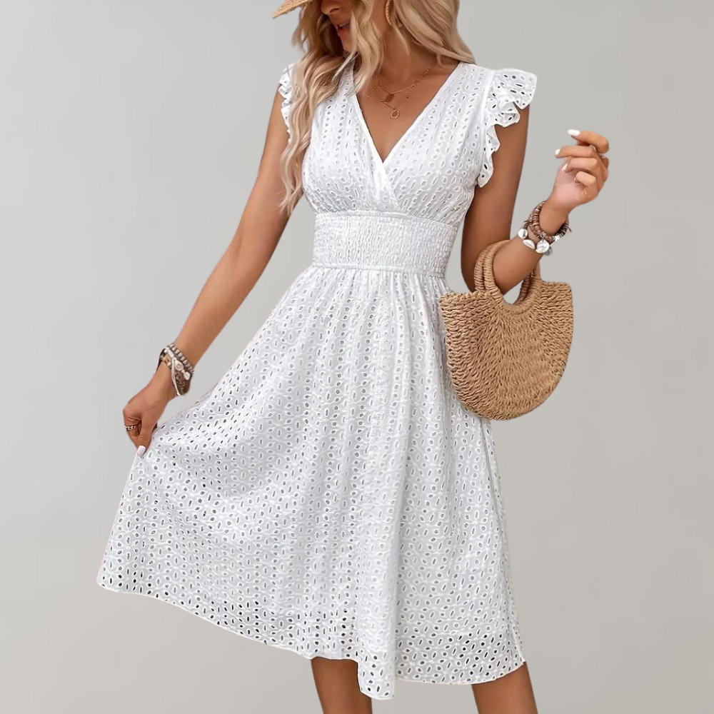 Witte Zomer Jurk met Geruffelde Mouwen - Lina