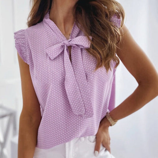 Women Summer Elegant Ruffles Sleeveless Polka Pot Lace Up Tops