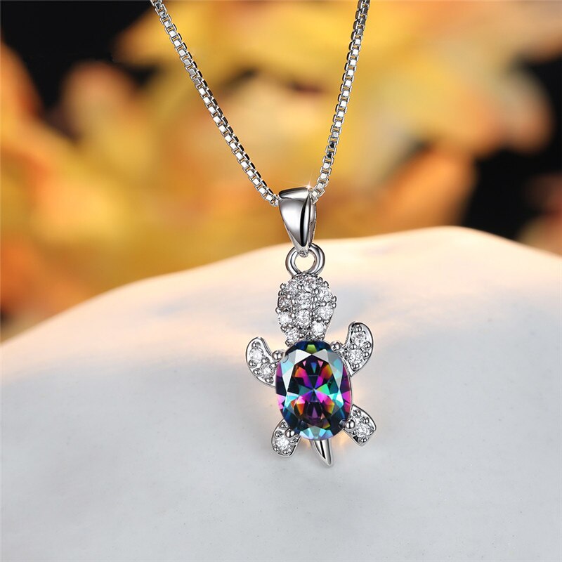 Blue Purple Oval Zircon Pendant Rainbow Stone Cute Turtle Necklaces For Women Fashion Jewelry Multicolor Crystal Animal Necklace