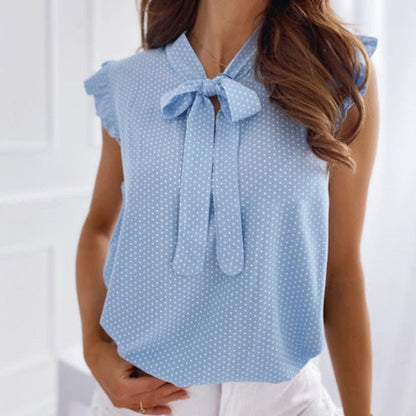 Women Summer Elegant Ruffles Sleeveless Polka Pot Lace Up Tops