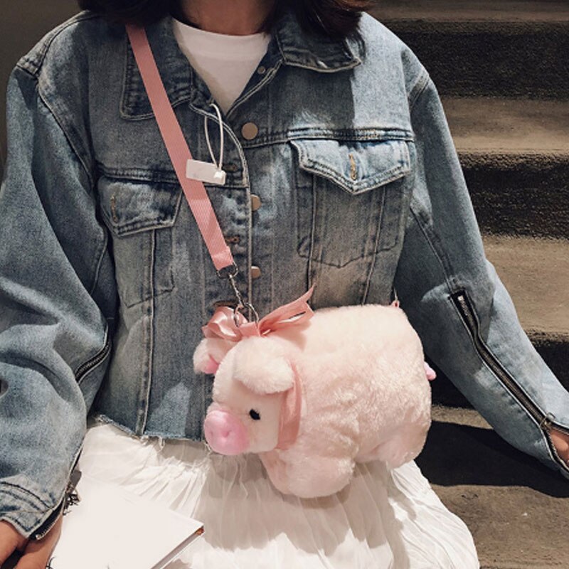 Fluffy Pink Pig Cute Soft Plush Girls Shoulder Bag