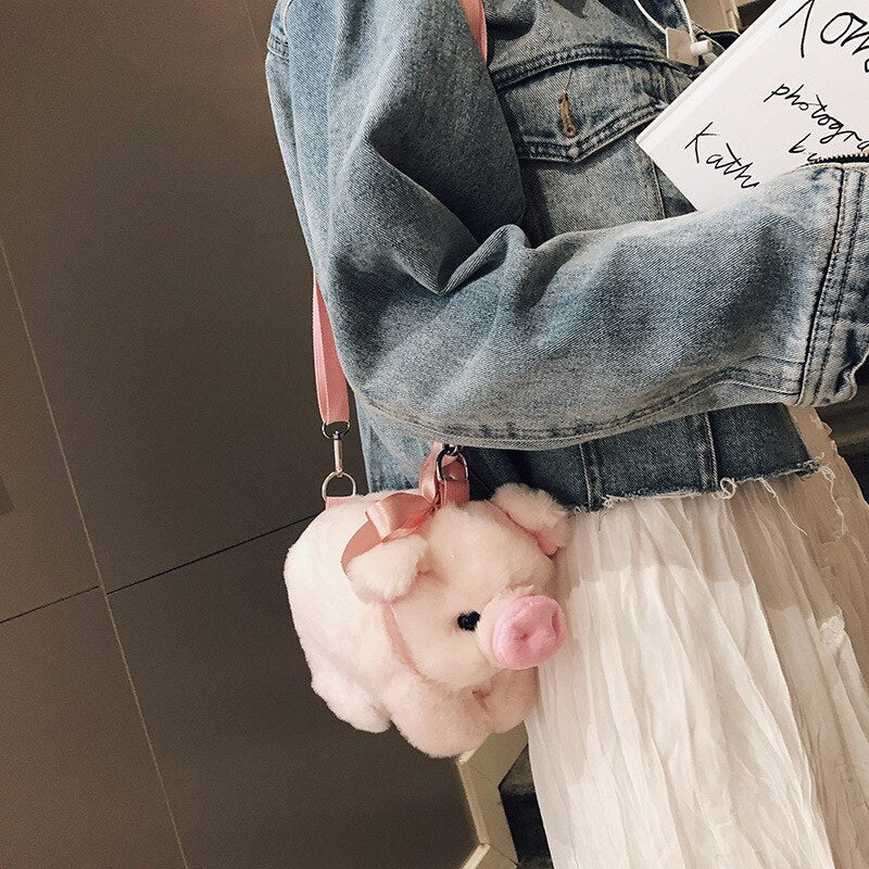 Fluffy Pink Pig Cute Soft Plush Girls Shoulder Bag