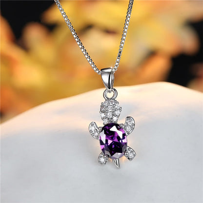 Blue Purple Oval Zircon Pendant Rainbow Stone Cute Turtle Necklaces For Women Fashion Jewelry Multicolor Crystal Animal Necklace