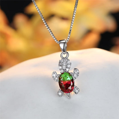 Blue Purple Oval Zircon Pendant Rainbow Stone Cute Turtle Necklaces For Women Fashion Jewelry Multicolor Crystal Animal Necklace