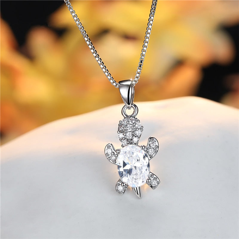 Blue Purple Oval Zircon Pendant Rainbow Stone Cute Turtle Necklaces For Women Fashion Jewelry Multicolor Crystal Animal Necklace
