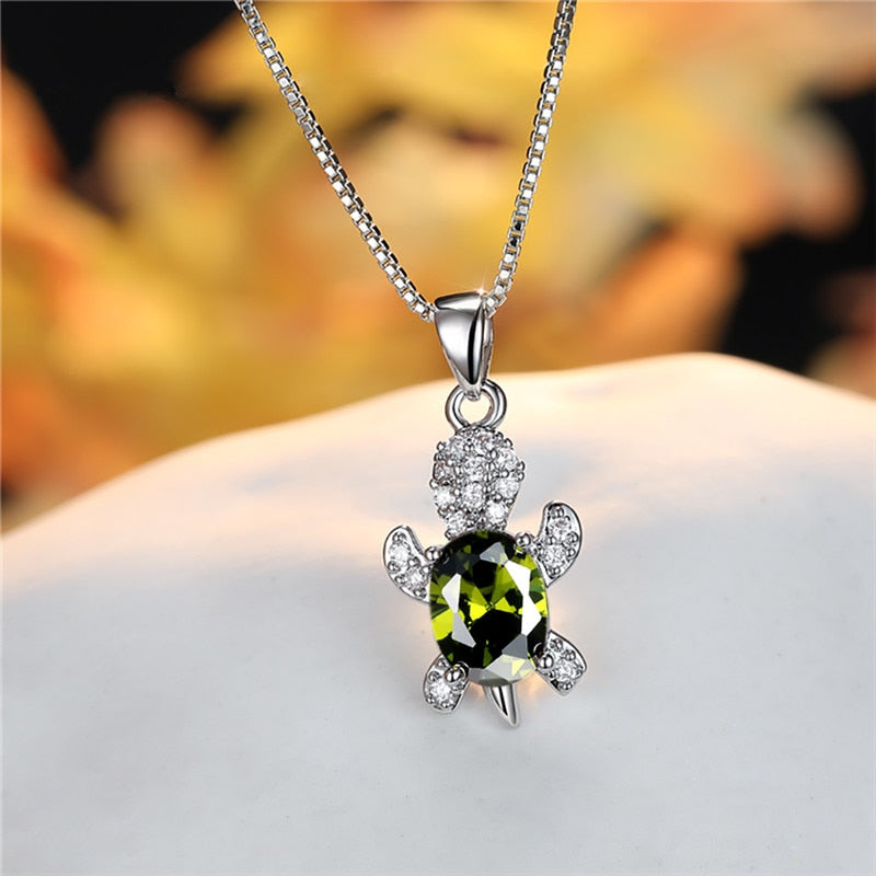 Blue Purple Oval Zircon Pendant Rainbow Stone Cute Turtle Necklaces For Women Fashion Jewelry Multicolor Crystal Animal Necklace