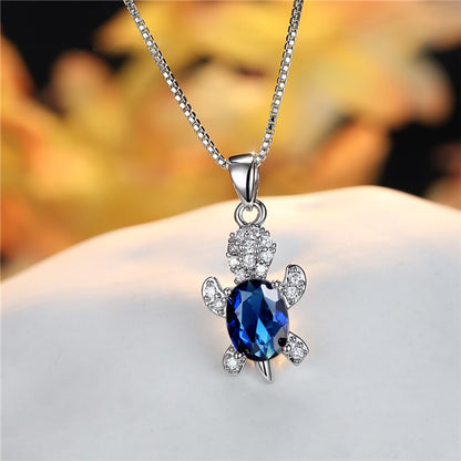 Blue Purple Oval Zircon Pendant Rainbow Stone Cute Turtle Necklaces For Women Fashion Jewelry Multicolor Crystal Animal Necklace