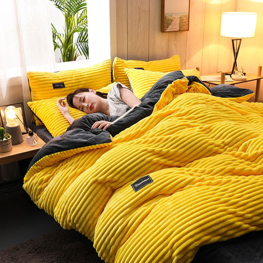 3/4 Pcs AB Sided Thicken Corduroy Velvet Winter Bedding Set Full Queen King Size Duvet Cover