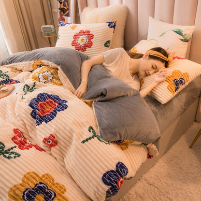 3/4 Pcs AB Sided Thicken Corduroy Velvet Winter Bedding Set Full Queen King Size Duvet Cover