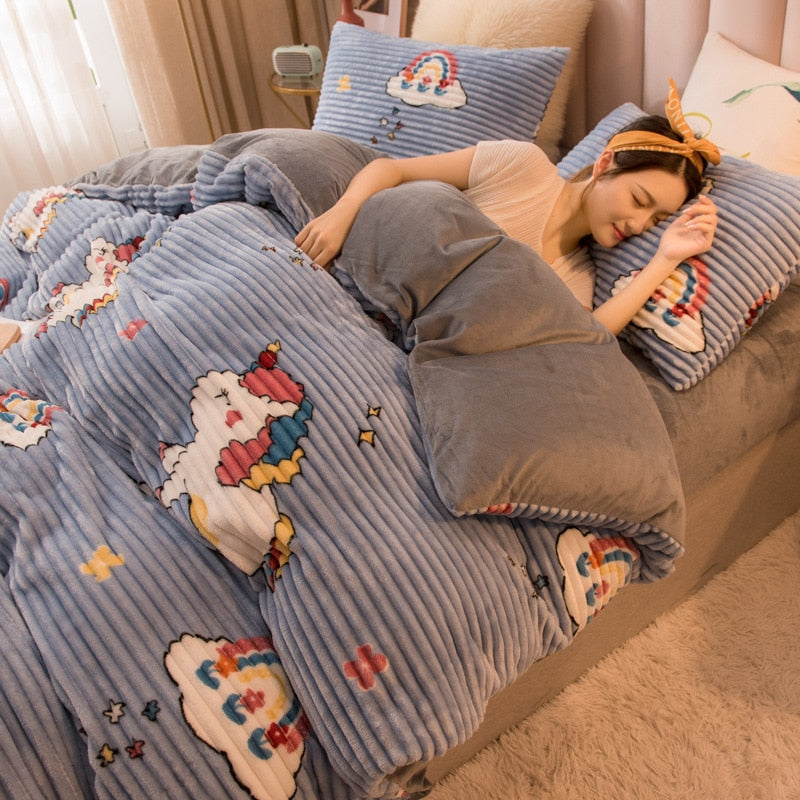 3/4 Pcs AB Sided Thicken Corduroy Velvet Winter Bedding Set Full Queen King Size Duvet Cover