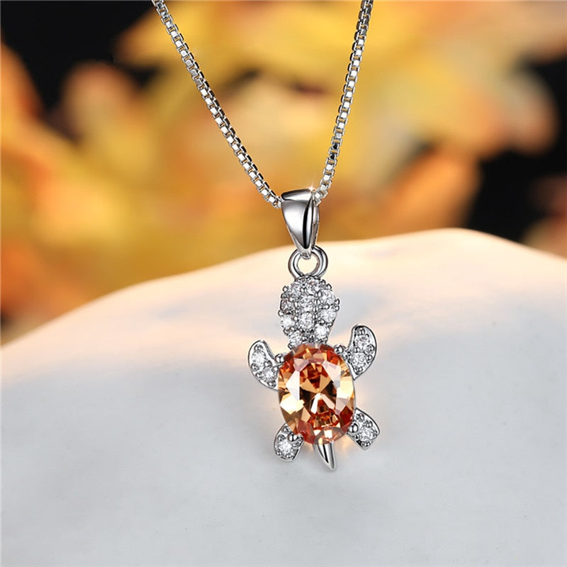 Blue Purple Oval Zircon Pendant Rainbow Stone Cute Turtle Necklaces For Women Fashion Jewelry Multicolor Crystal Animal Necklace