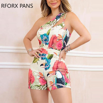 One Shoulder Floral Print Casual Romper