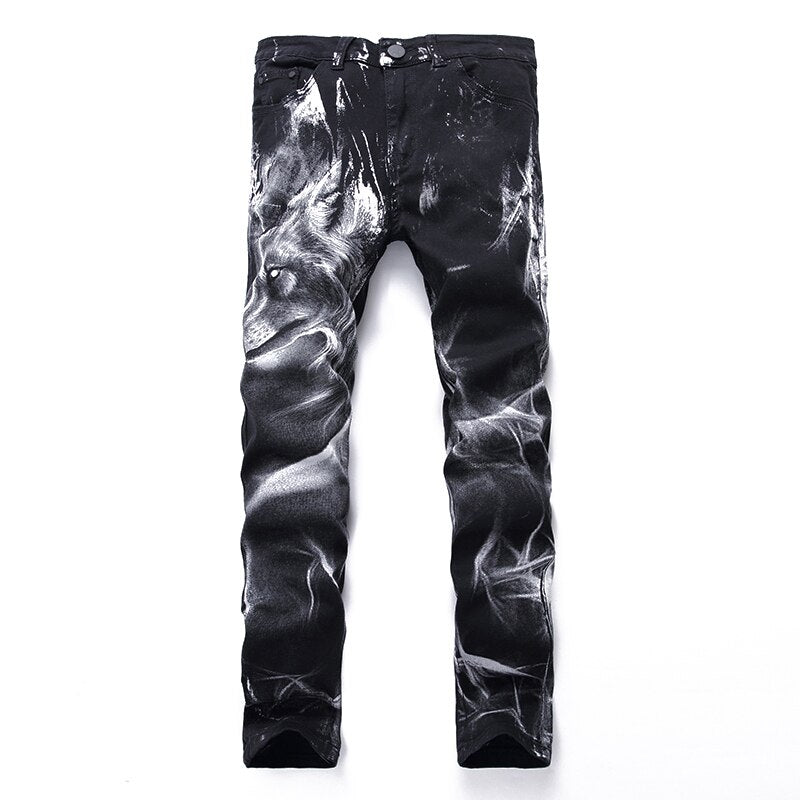 Wolf Printed Jeans Denim Pants