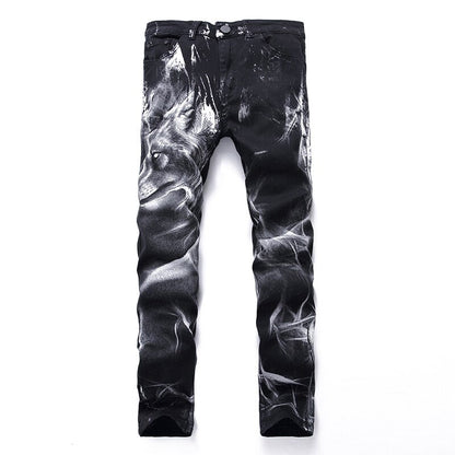 Wolf Printed Jeans Denim Pants