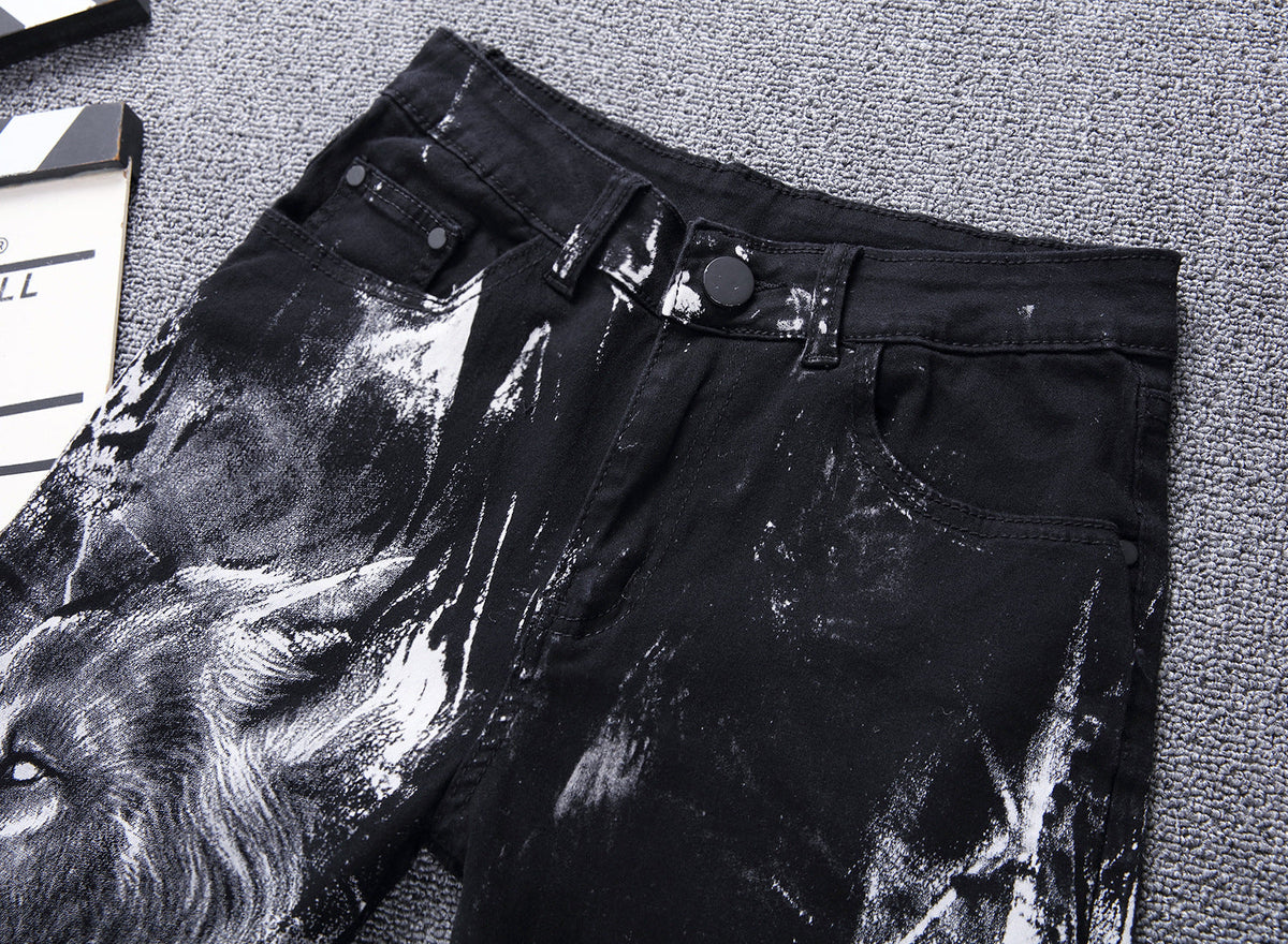 Wolf Printed Jeans Denim Pants