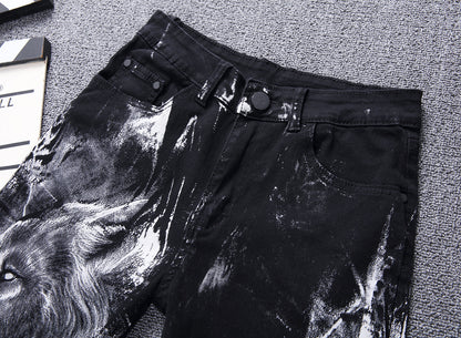 Wolf Printed Jeans Denim Pants