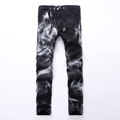 Wolf Printed Jeans Denim Pants