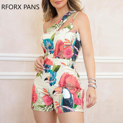 One Shoulder Floral Print Casual Romper