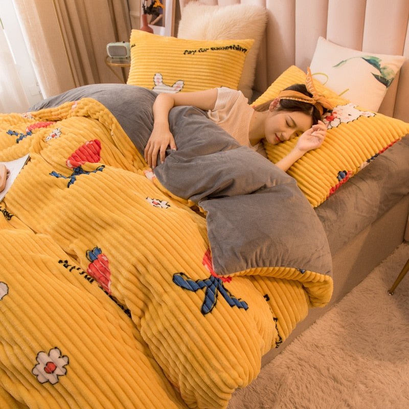 3/4 Pcs AB Sided Thicken Corduroy Velvet Winter Bedding Set Full Queen King Size Duvet Cover