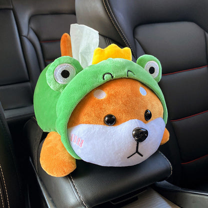 Creative Car Tissue Box Cover Cute Shiba Inu Dog Plush Toy Armrest Tissue Box Holder For Car Seat Back Hanging Napkin Dispenser