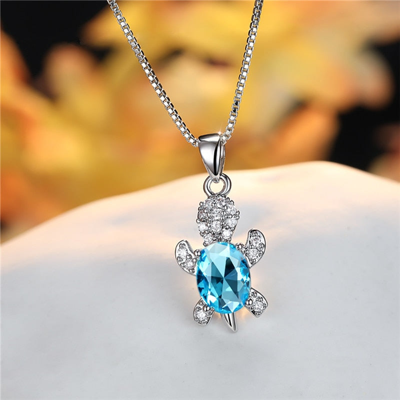 Blue Purple Oval Zircon Pendant Rainbow Stone Cute Turtle Necklaces For Women Fashion Jewelry Multicolor Crystal Animal Necklace