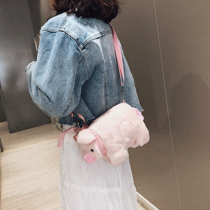 Fluffy Pink Pig Cute Soft Plush Girls Shoulder Bag