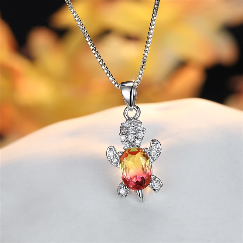 Blue Purple Oval Zircon Pendant Rainbow Stone Cute Turtle Necklaces For Women Fashion Jewelry Multicolor Crystal Animal Necklace