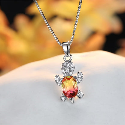 Blue Purple Oval Zircon Pendant Rainbow Stone Cute Turtle Necklaces For Women Fashion Jewelry Multicolor Crystal Animal Necklace