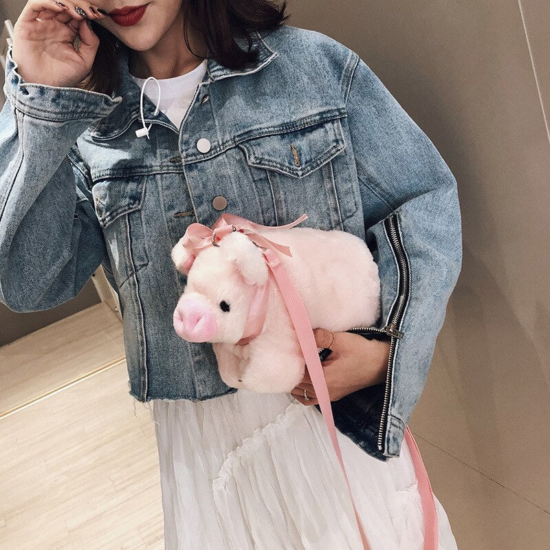 Fluffy Pink Pig Cute Soft Plush Girls Shoulder Bag