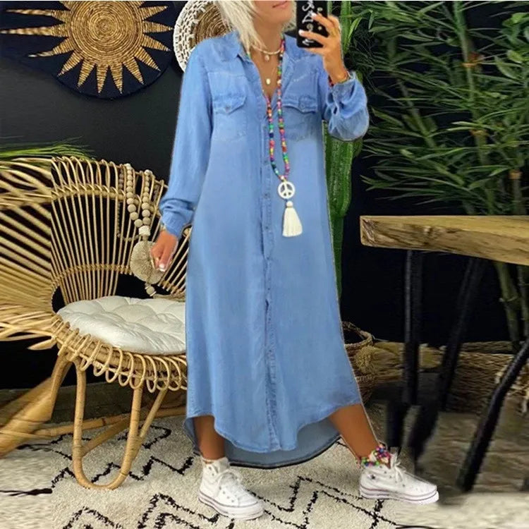 Trendy Denimjurk met Knoopsluiting en Pockets – Isaline