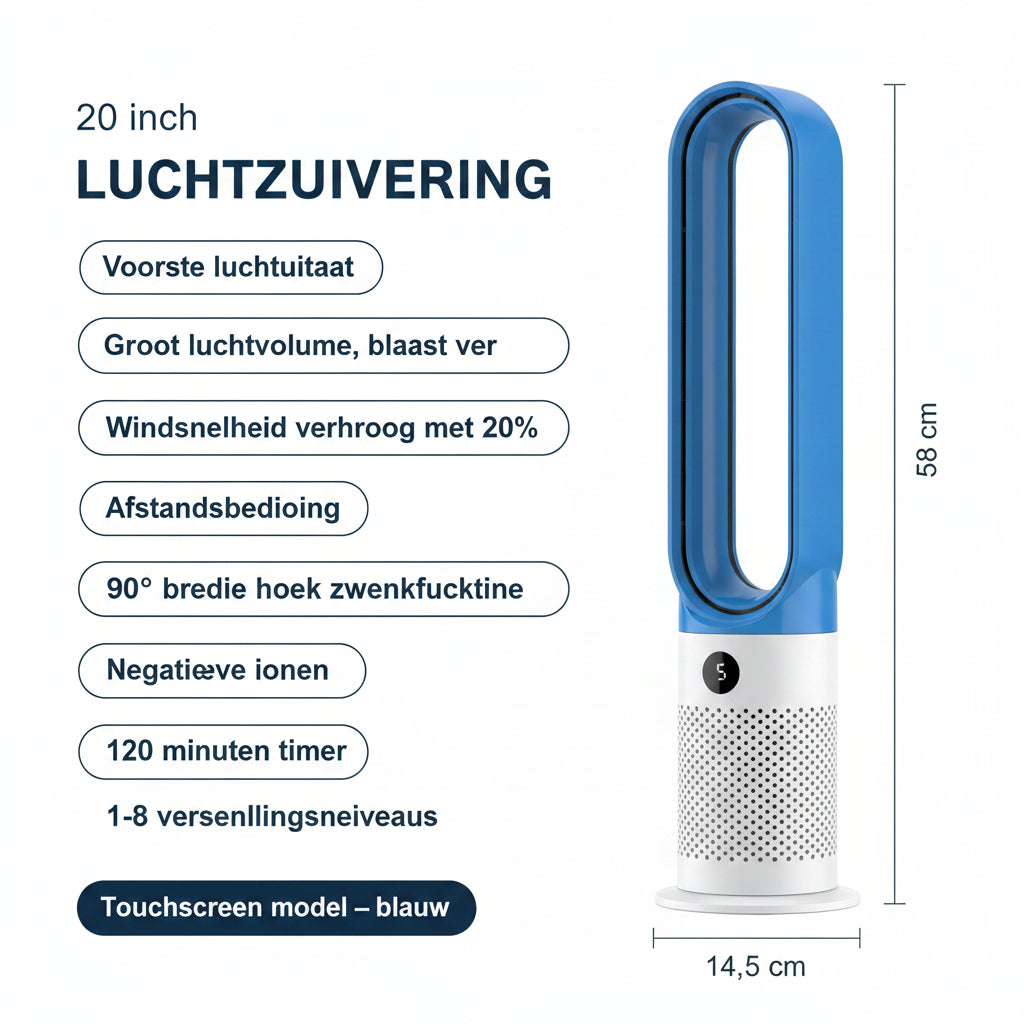 Bladeloze torenventilator met luchtzuivering en stille koelfunctie