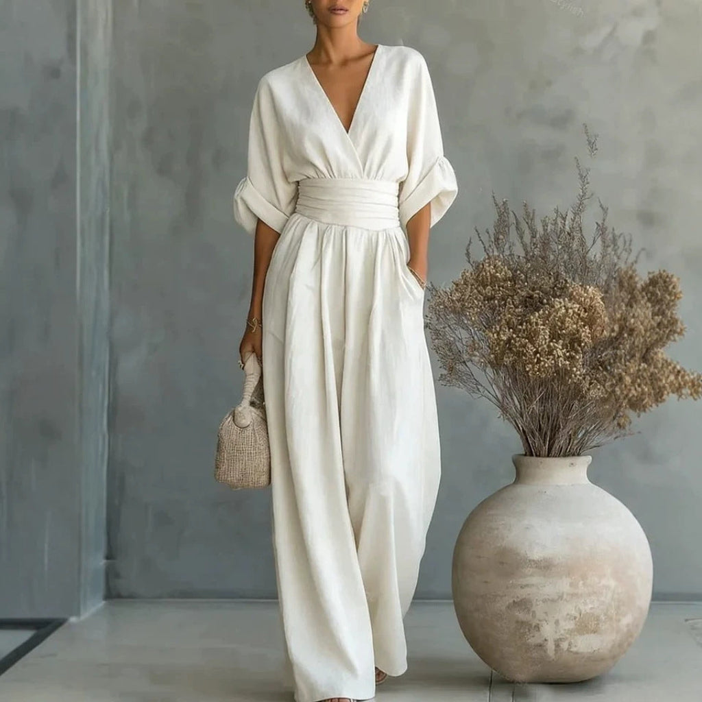 Zomerse jumpsuit met korte mouwen, casual, V-hals en wijde pijpen