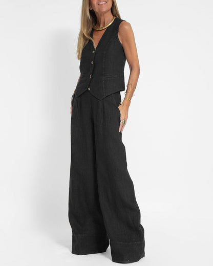 Linnen 2-Delige Set met Wijde Broek en Vest – Alma