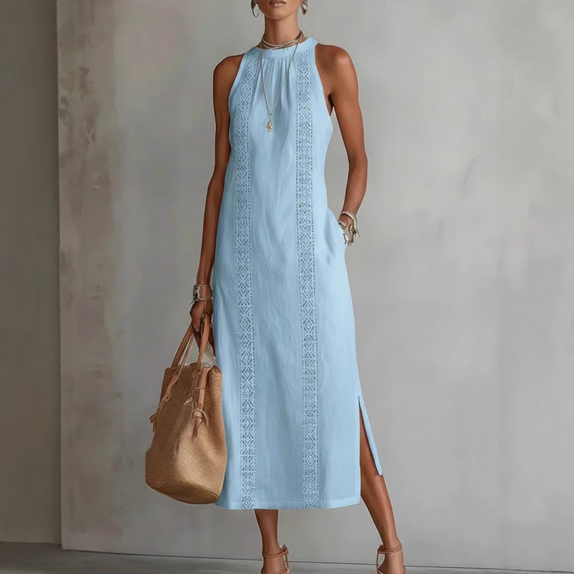 Zomerjurk met halternek en kanten patchwork voor dames