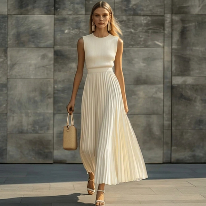 Dames Stijlvol Crème Plissé Maxi Kleed