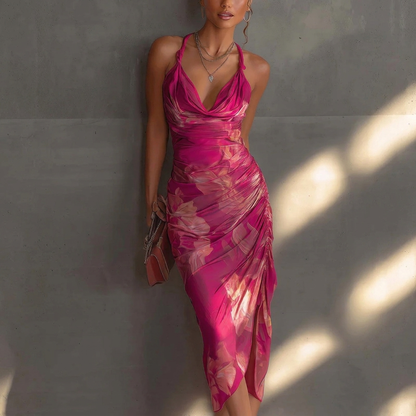 Geplooide Midi-jurk met Bloemenprint en Watervalhals